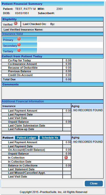 Patient Financial Summary Screen