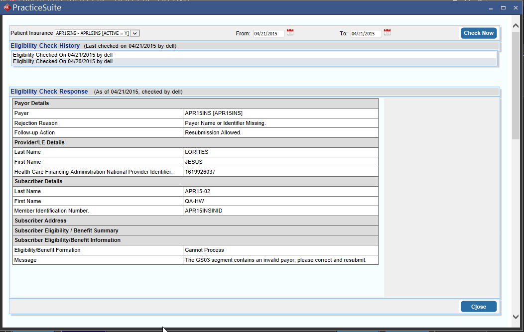 PracticeSuite Eligibility Check Screen