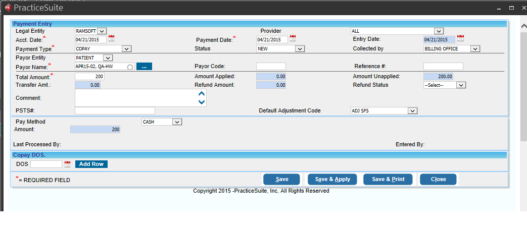 PracticeSuite Payment Entry Screen