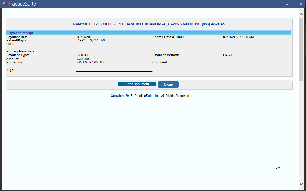 PracticeSuite Payment Receipt