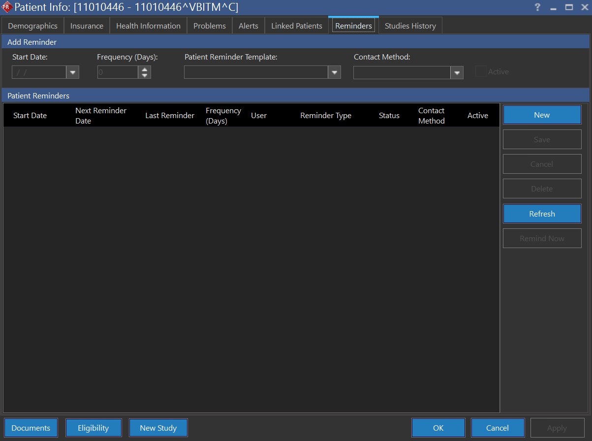 Patient Reminders tab