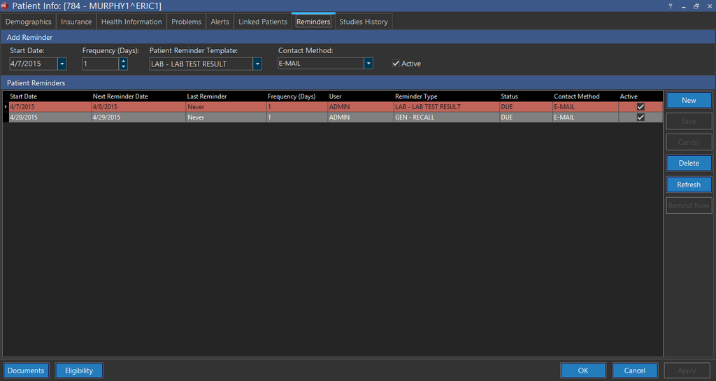 Reminders tab with elapsed dates