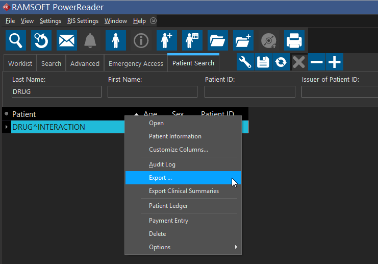 Export CCDA from patient search menu