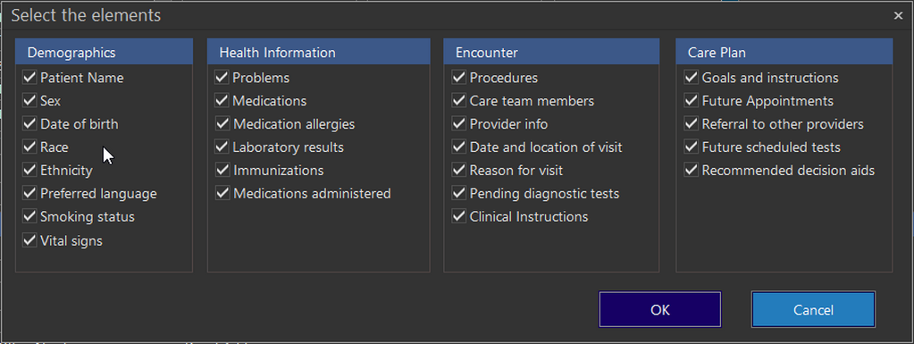 Elements selection for CCDA