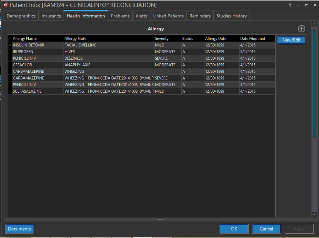 Health Tab Allergies List