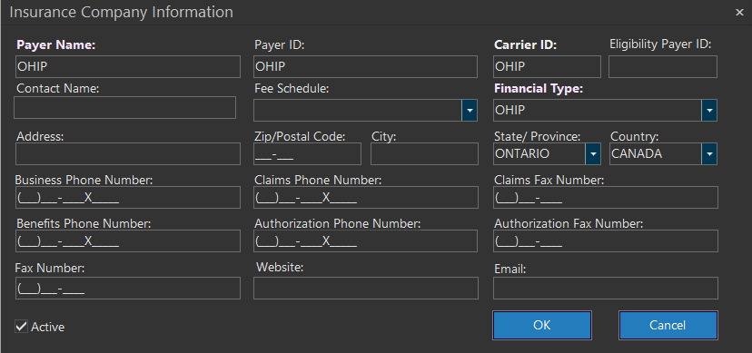 Insurance Company Information screen