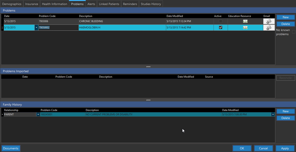 Patient Info Problems Tab