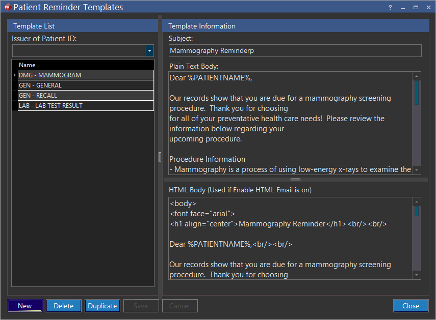 Patient Reminder Templates screen