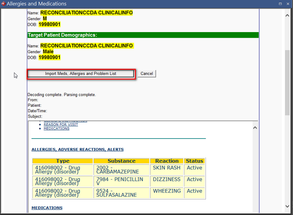 Import Meds Allerg Button