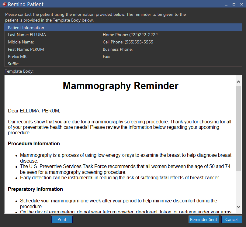 Reminder template screen